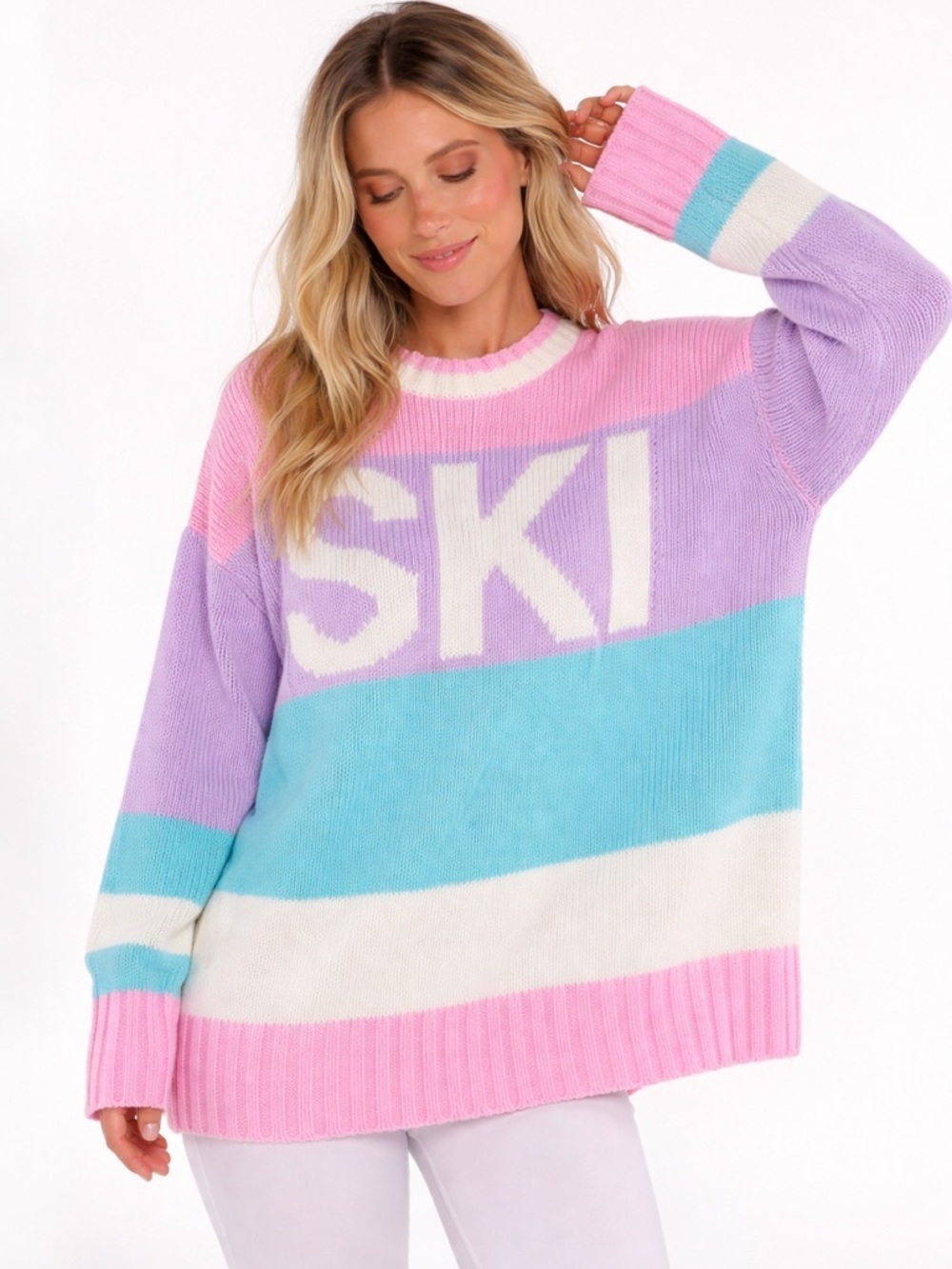Show Me Your Mumu Colorblock Oversized Knit Sweater XL Pastel Pink Blue